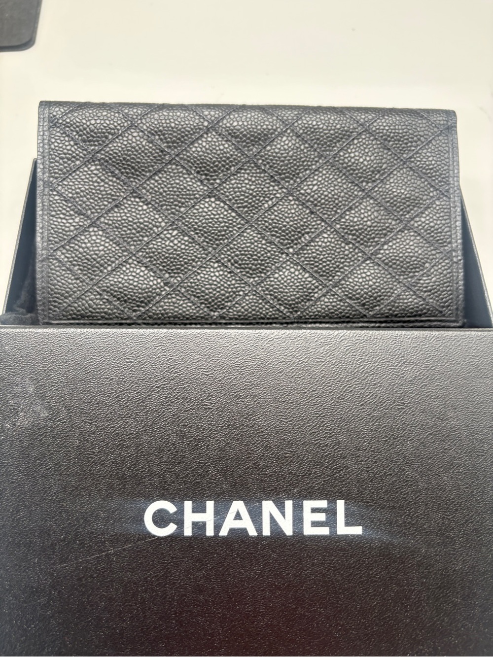 Vintage Chanel Black Caviar Quilted Long Wallet With Box and COA